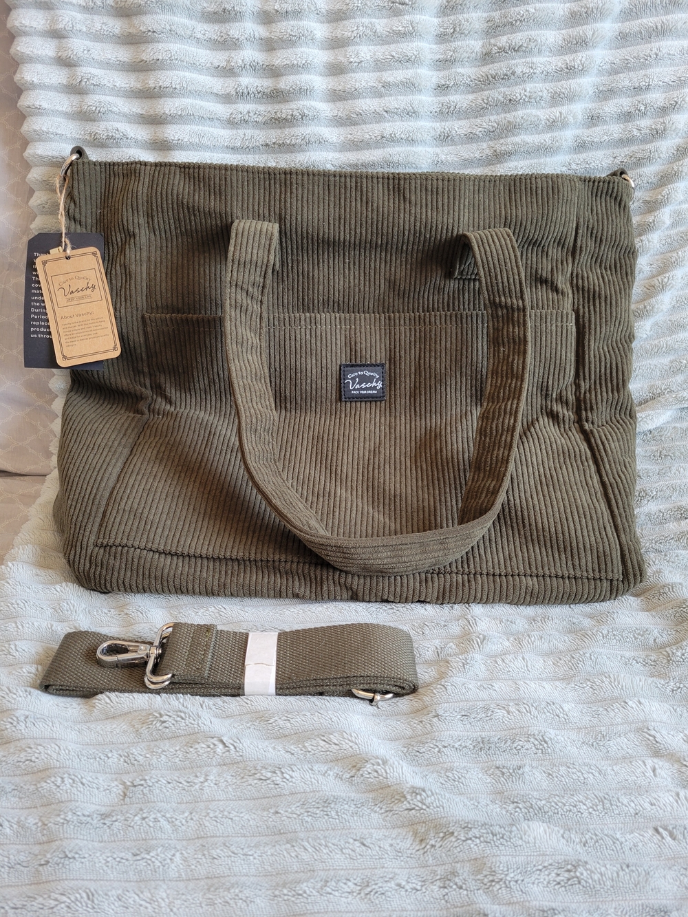 Olive Green Corduroy Tote Bag with Removable Strap